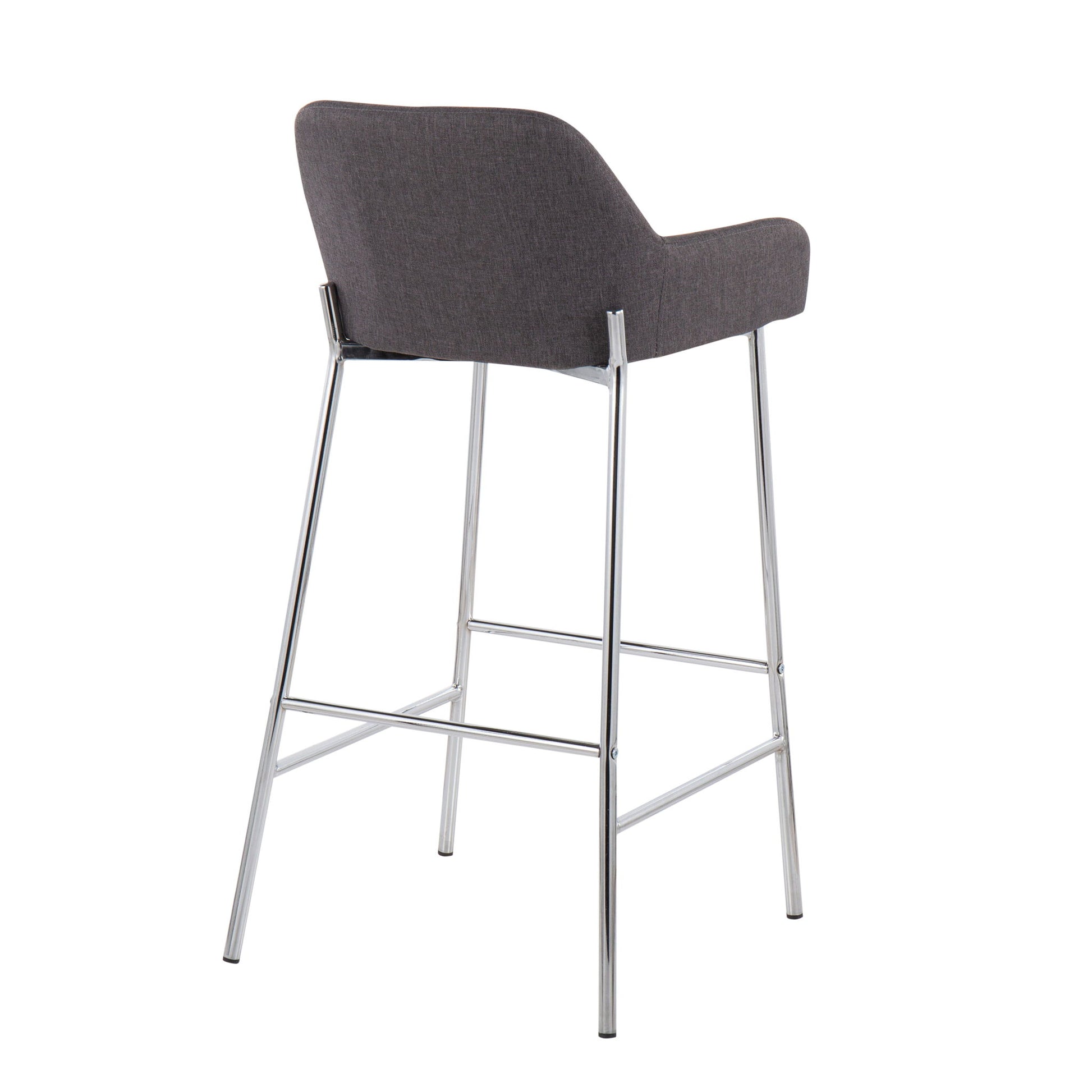 The Daniella - Contemporary Fixed Height Bar Stool (Set of 2) features gray upholstered seats and backrests with sleek chrome legs and a footrest, shown from the back against a white background.