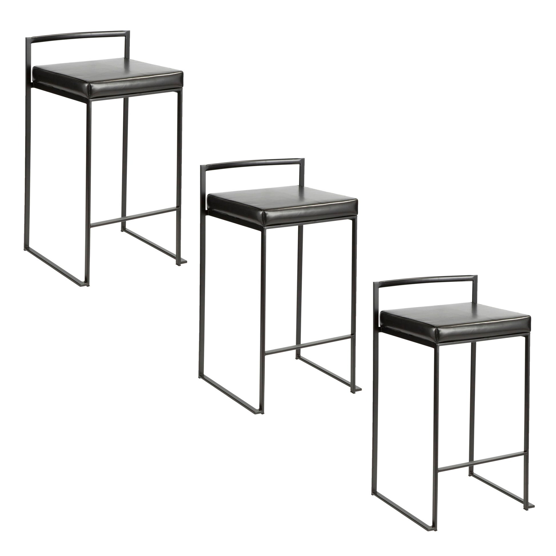 Three Fuji Contemporary Style Stackable Counter Stools with minimalist black metal frames and square cushioned seats are arranged in a staggered row against a white background.