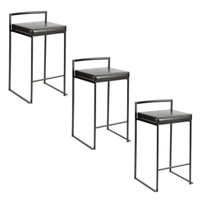 Three Fuji Contemporary Style Stackable Counter Stools with minimalist black metal frames and square cushioned seats are arranged in a staggered row against a white background.