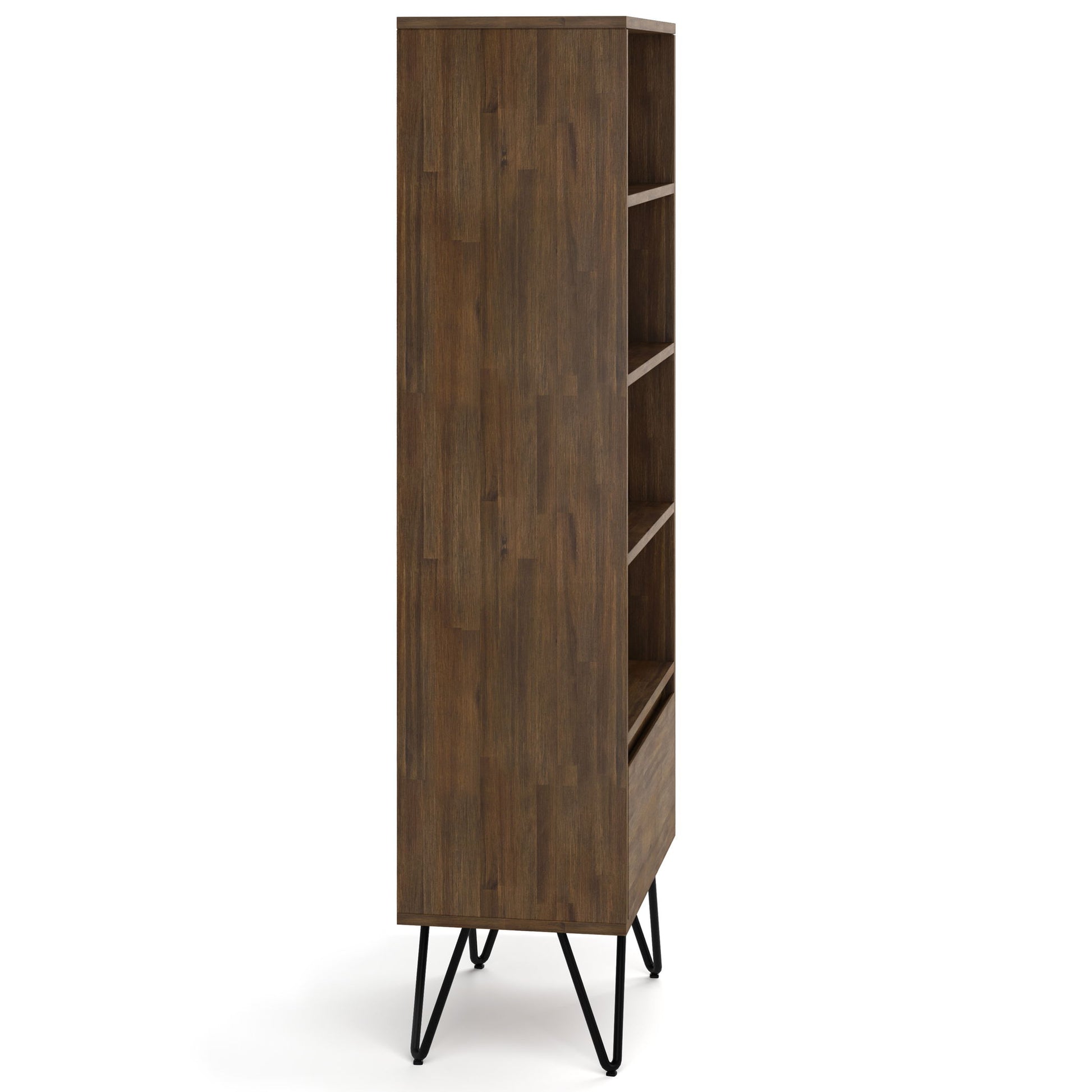 The Chase Tall Bookcase in Rustic Natural Aged Brown features three shelves and black hairpin metal legs, shown at an angle to display its tall, narrow profile and part of the front.