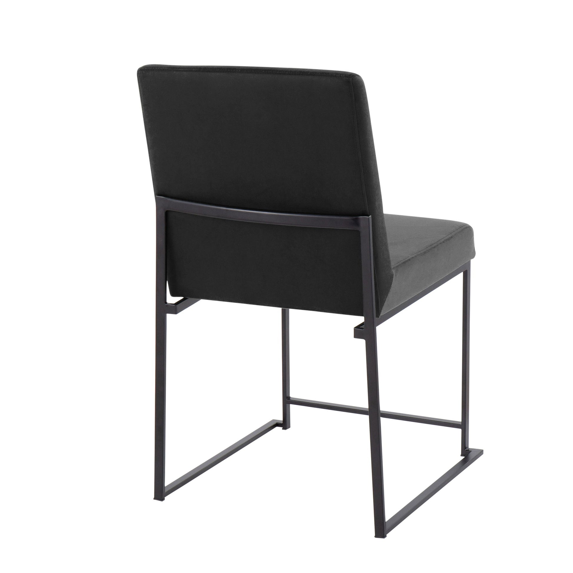 The Fuji High Back Dining Chair set features modern elegance with a black metal frame, rectangular cushioned backrest, and matching seat, shown from a rear-side view.