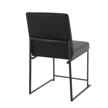 The Fuji High Back Dining Chair set features modern elegance with a black metal frame, rectangular cushioned backrest, and matching seat, shown from a rear-side view.