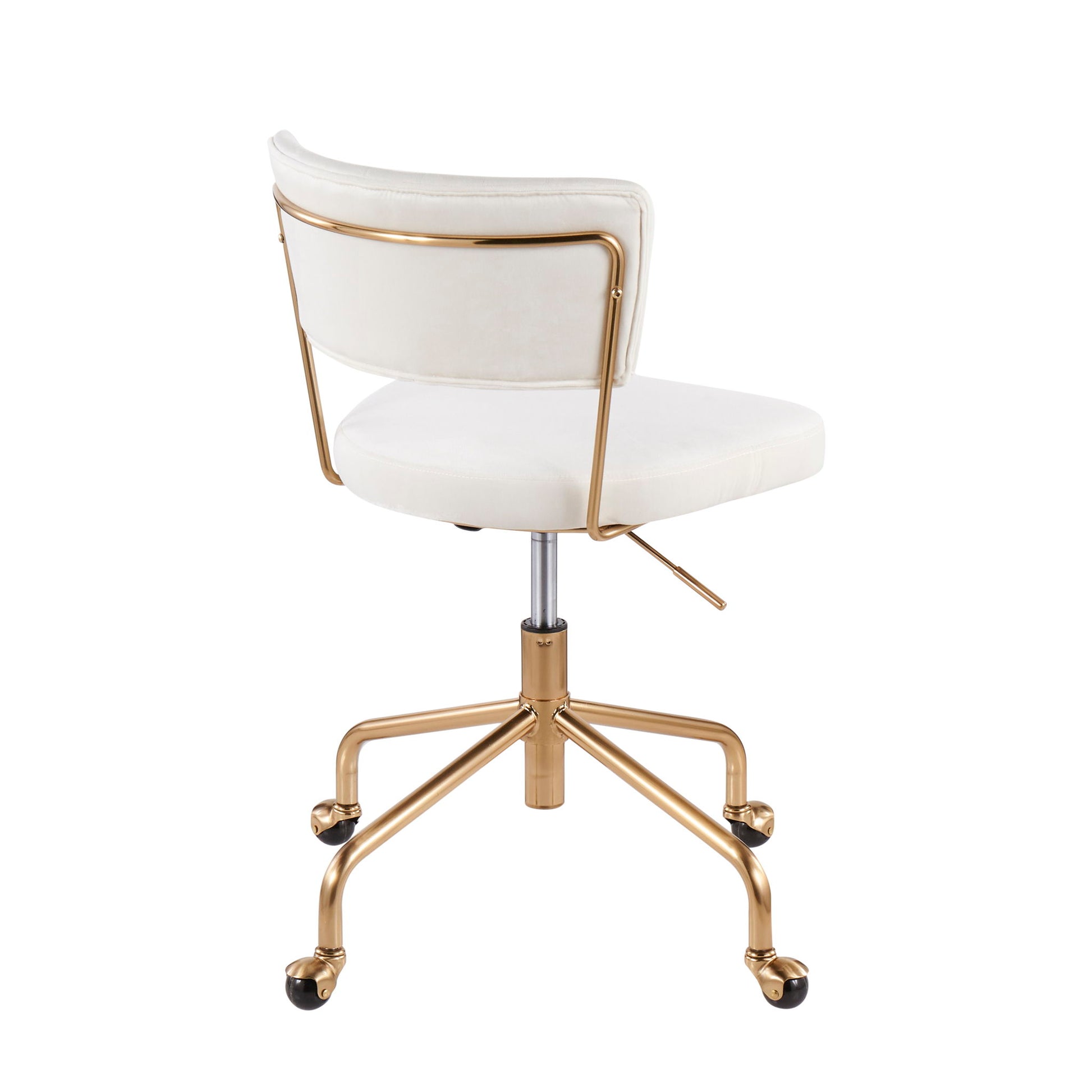 The Tania - Contemporary Task Chair features a white cushioned backrest and seat, a gold metal frame, five-legged gold base with black caster wheels, and an adjustable height lever for modern office comfort.