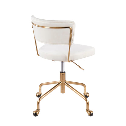 The Tania - Contemporary Task Chair features a white cushioned backrest and seat, a gold metal frame, five-legged gold base with black caster wheels, and an adjustable height lever for modern office comfort.