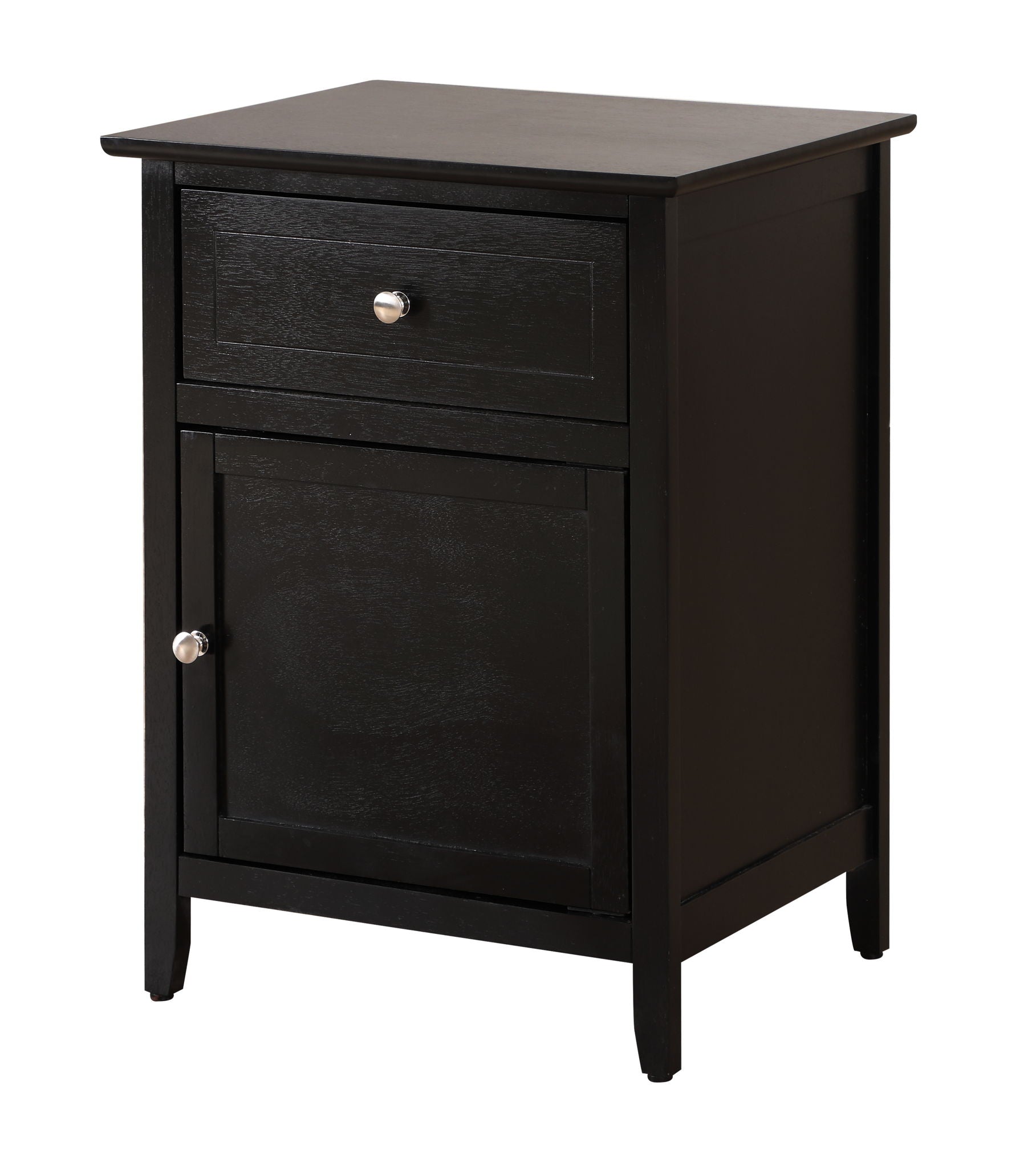 The Izzy nightstand features a black wood finish, one drawer and one lower cabinet with round silver knobs, and stands on four short legs.