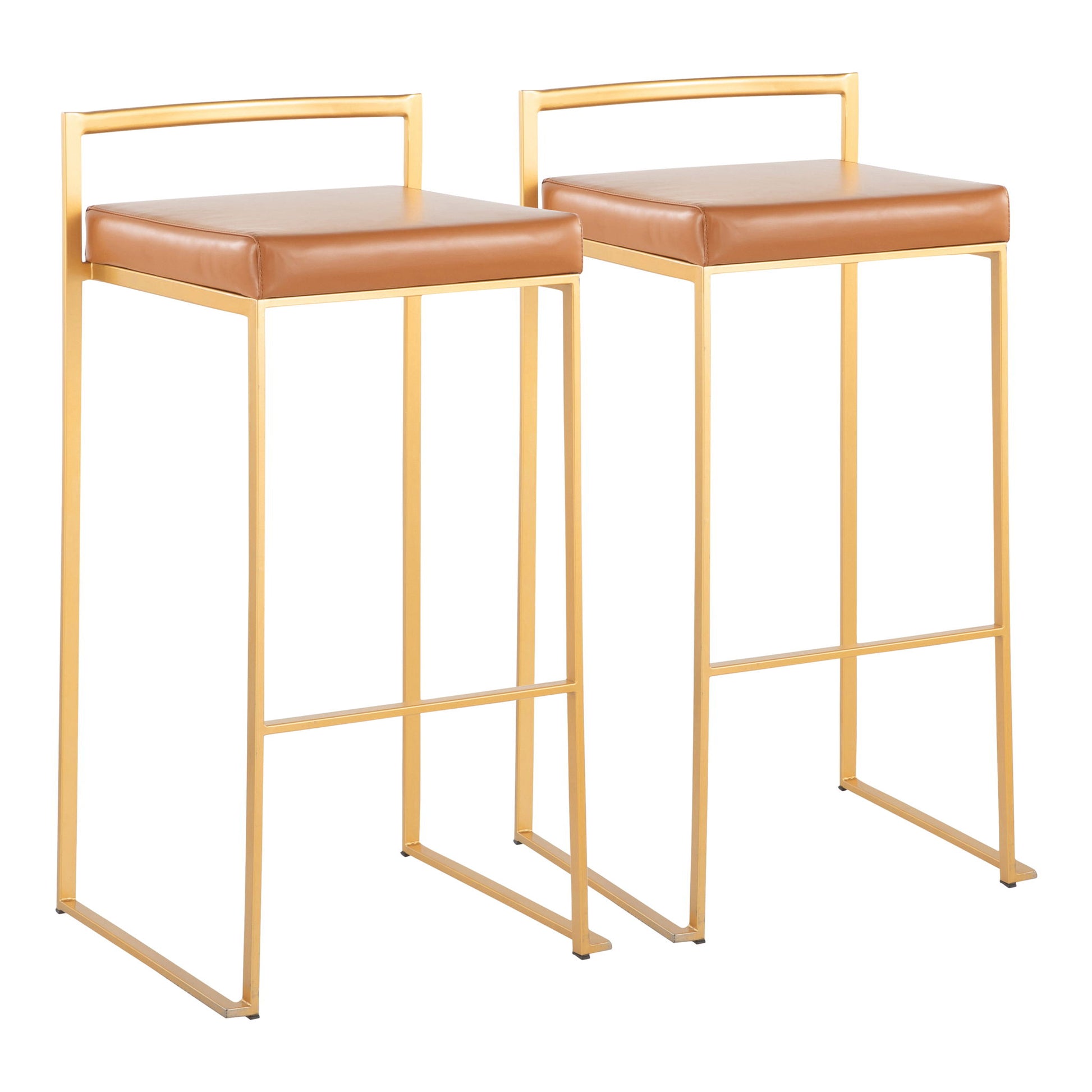 The Fuji Barstool features a modern design with gold metal frames, square tan cushioned seats, a minimalist backrest, and quality contemporary/glam construction. Set of two.