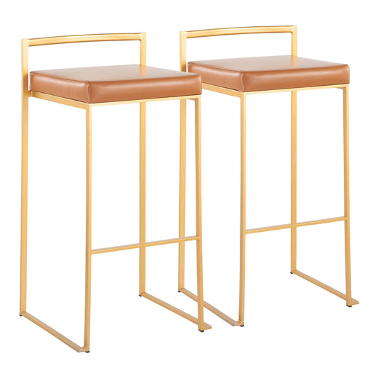 The Fuji Barstool features a modern design with gold metal frames, square tan cushioned seats, a minimalist backrest, and quality contemporary/glam construction. Set of two.