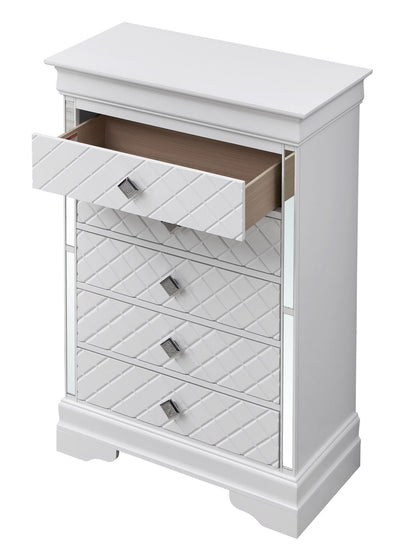 The Verona - Stylish Chest - Silver Champagne features a modern white design with five quilted-pattern drawers, one shown open to reveal the interior. Silver handles and decorative side mirrors add a chic touch.