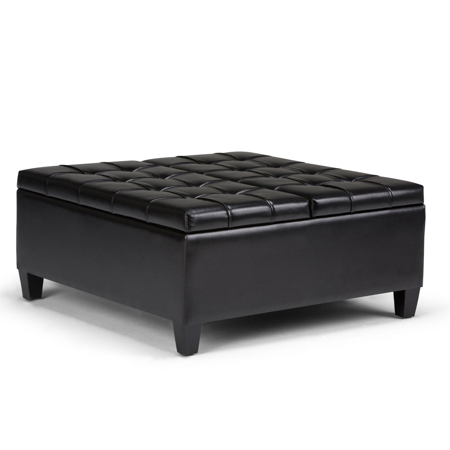 The Harrison Large Coffee Table Storage Ottoman features a black, square leather design with a tufted top and short legs, shown on a white background.