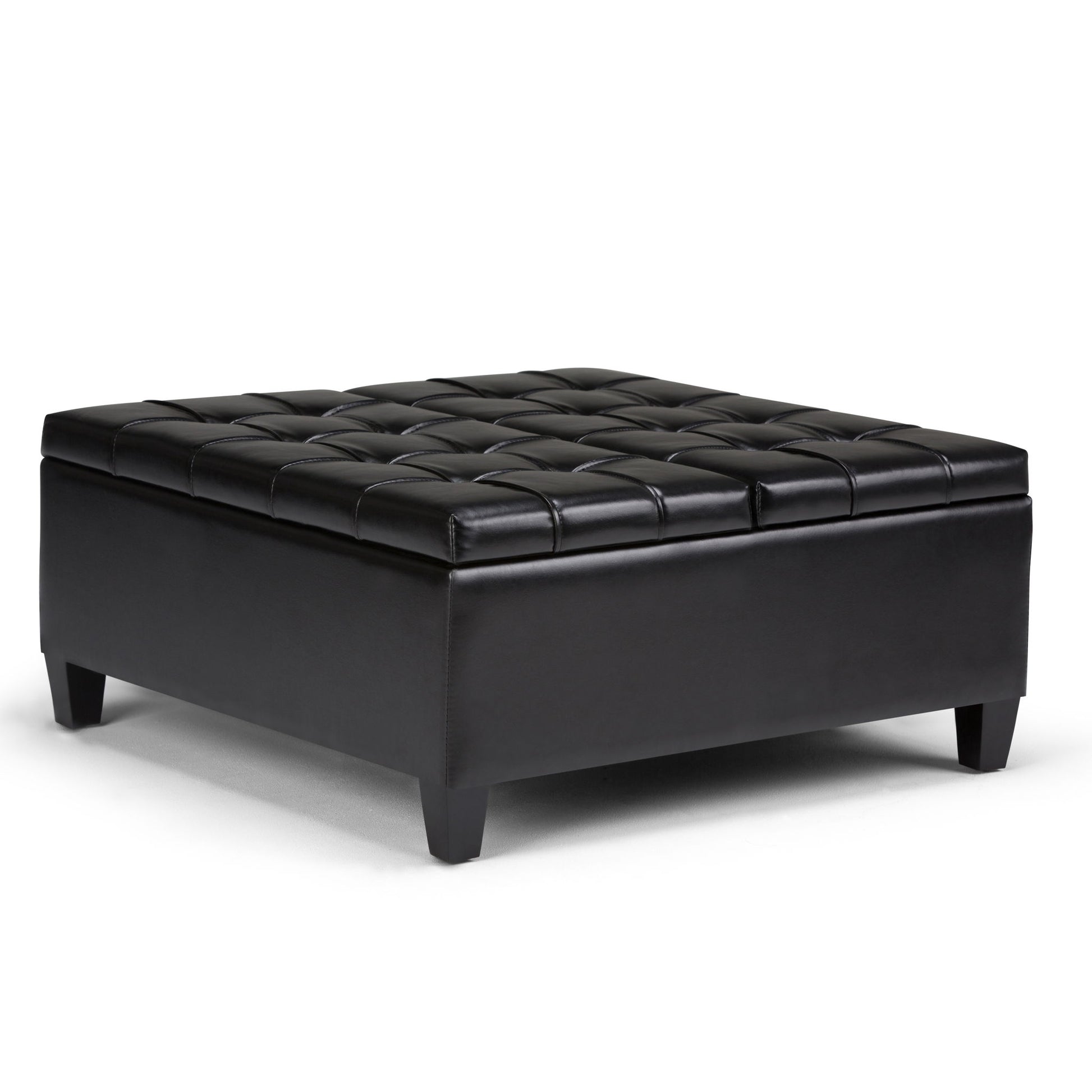 The Harrison Large Coffee Table Storage Ottoman features a black, square leather design with a tufted top and short legs, shown on a white background.