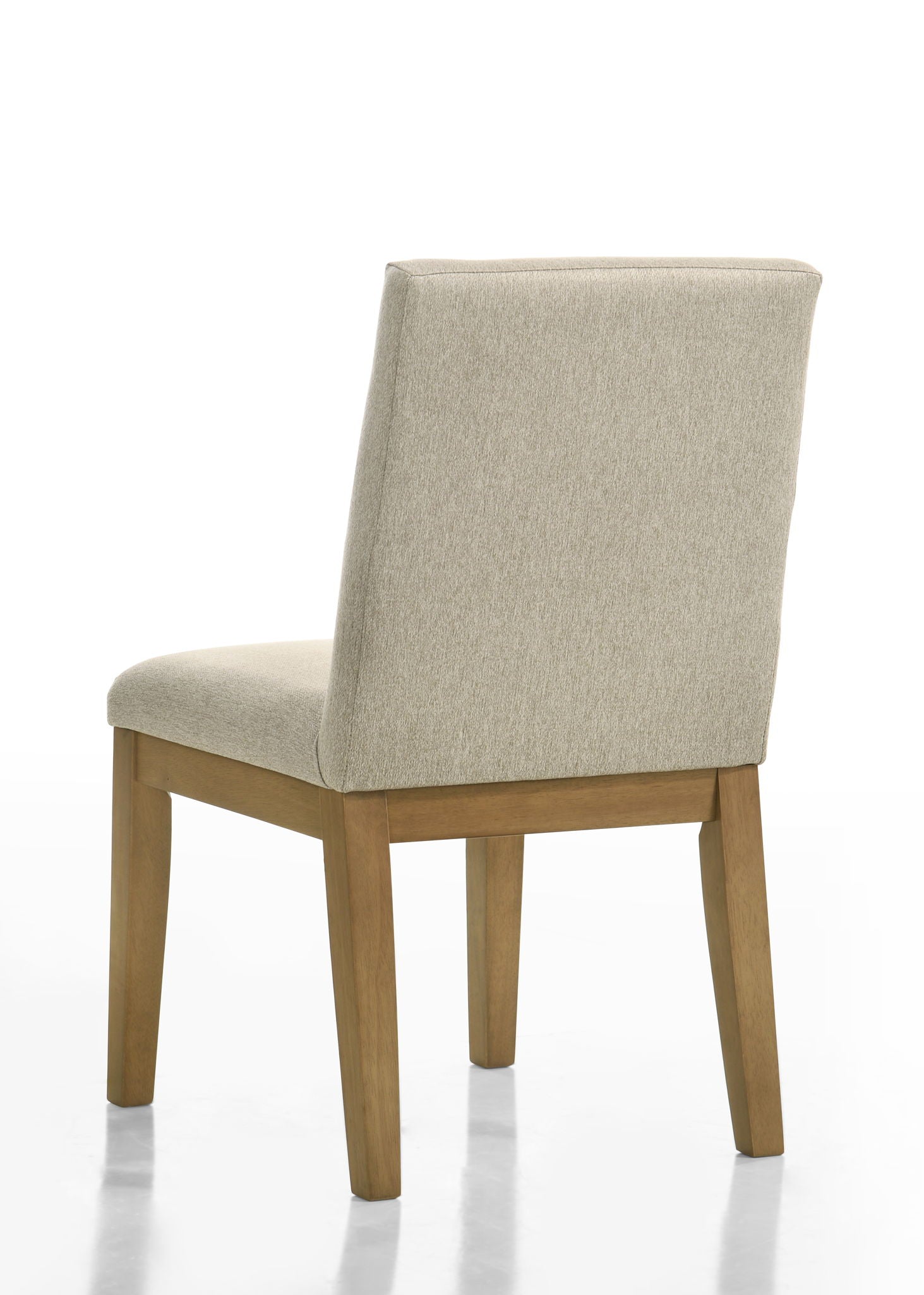 The Jasper Contemporary Fabric 19" Dining Chair (Set of 2) features beige upholstery, a high backrest, and light wooden legs, displayed angled against a white background.