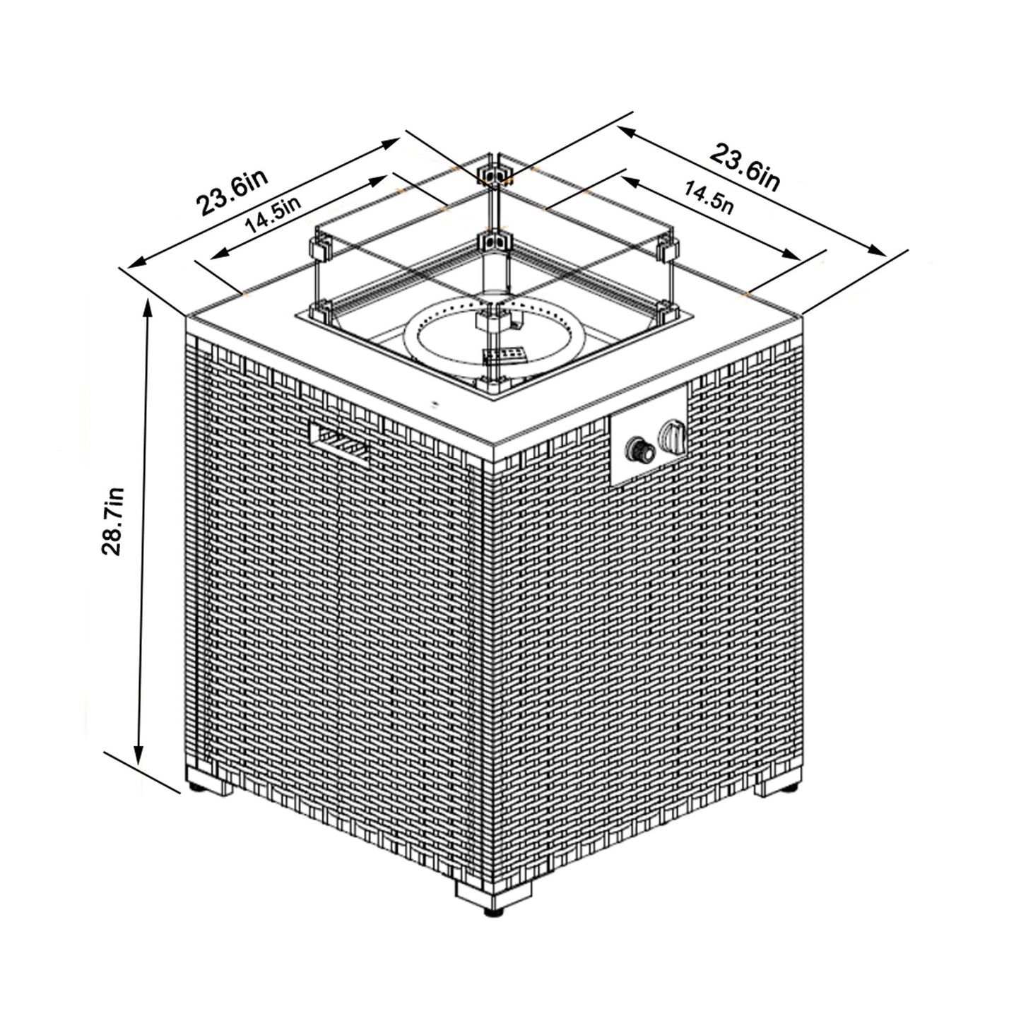 Black and white technical drawing of the Propane Gas Square Fire Pit, Tile Tabletop With Beautiful Wicker Base; labeled dimensions: 23.6" W x 23.6" D x 28.7" H, inner square measures 14.5" per side, features a glass wind guard for outdoor use.