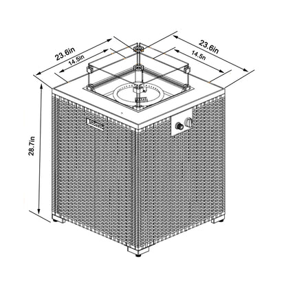 Black and white technical drawing of the Propane Gas Square Fire Pit, Tile Tabletop With Beautiful Wicker Base; labeled dimensions: 23.6" W x 23.6" D x 28.7" H, inner square measures 14.5" per side, features a glass wind guard for outdoor use.