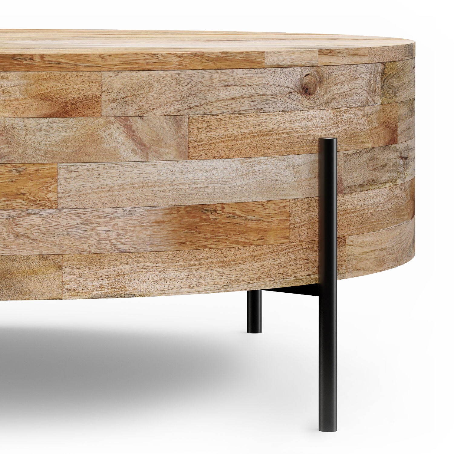 A close-up of the Rayburn Drum Coffee Table in Natural, showcasing its round shape, light wood finish with panel design, and slender black metal legs against a white background.