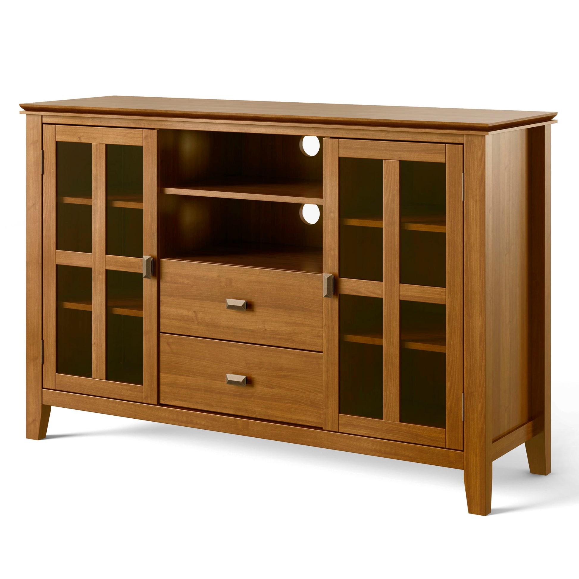 The Artisan Handcrafted Tall TV Media Stand features glass-paneled cabinets on each side, two central drawers, open shelves above, and a back panel with cable management holes for organized media storage.