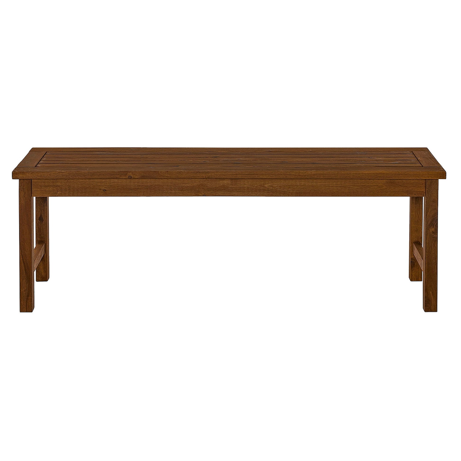 The Modern Slat Top Solid Wood Patio Bench features a simple rectangular design with a slatted seat, displayed against a white background.