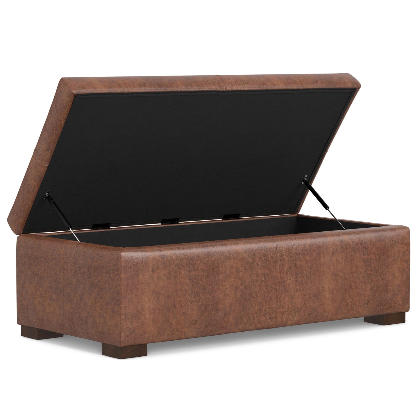 The Gabbie Coffee Table Upholstered Storage Ottoman features a rectangular brown faux leather design, a hinged lid revealing ample storage, short wooden legs, and a sleek modern style.