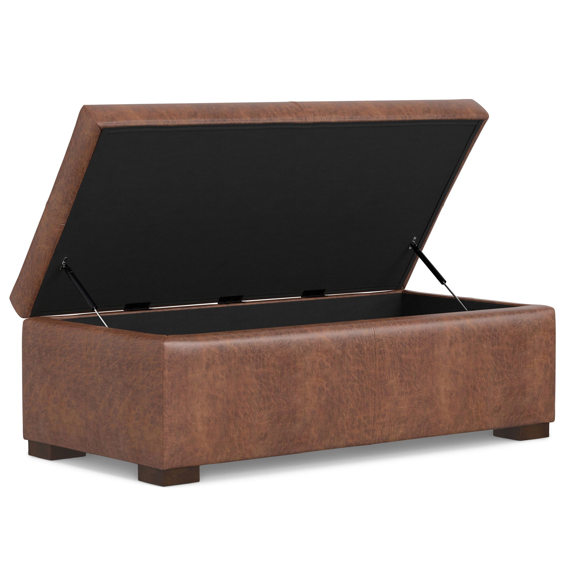 The Gabbie Coffee Table Upholstered Storage Ottoman features a rectangular brown faux leather design, a hinged lid revealing ample storage, short wooden legs, and a sleek modern style.