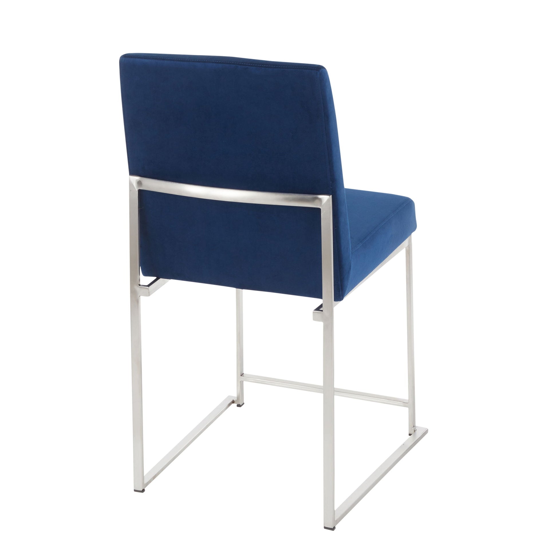 The Fuji - Contemporary Modern Elegance High Back Dining Chair (Set of 2) features blue upholstery, a sleek silver metal frame, straight legs, and an open-back minimalist design for a modern look.