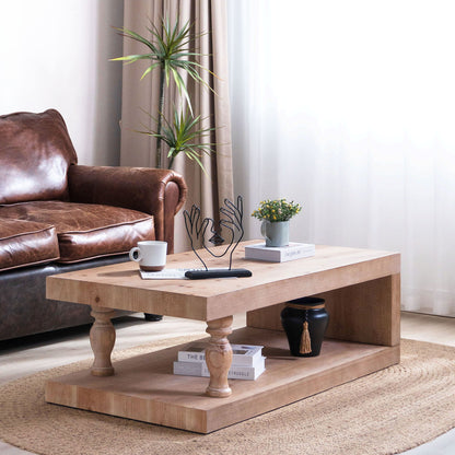 Rustic Solid Wood Coffee Table With Open Shelf, Modern Farmhouse Design - Light Natural / Natural