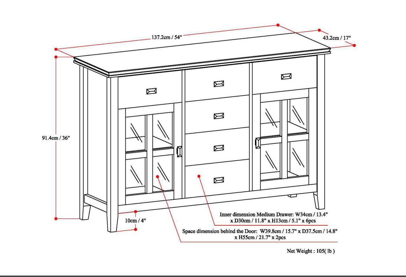 Line drawing of the Artisan - Handcrafted Sideboard Buffet, showing labeled overall and inner storage dimensions in cm/inches; includes three drawers, two glass-paneled cabinet doors, and has a net weight of 105 lbs.