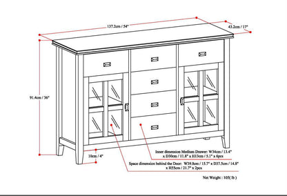 Line drawing of the Artisan - Handcrafted Sideboard Buffet, showing labeled overall and inner storage dimensions in cm/inches; includes three drawers, two glass-paneled cabinet doors, and has a net weight of 105 lbs.