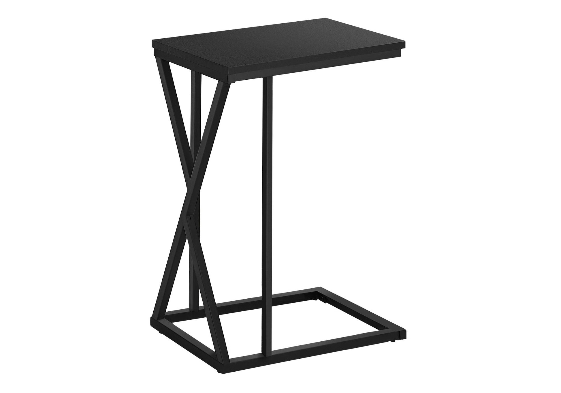 The Accent Table C-Shaped features a modern black rectangular top, geometric metal frame, and open C-shaped base, perfect for sliding under a sofa or chair. Contemporary design ideal for living rooms.