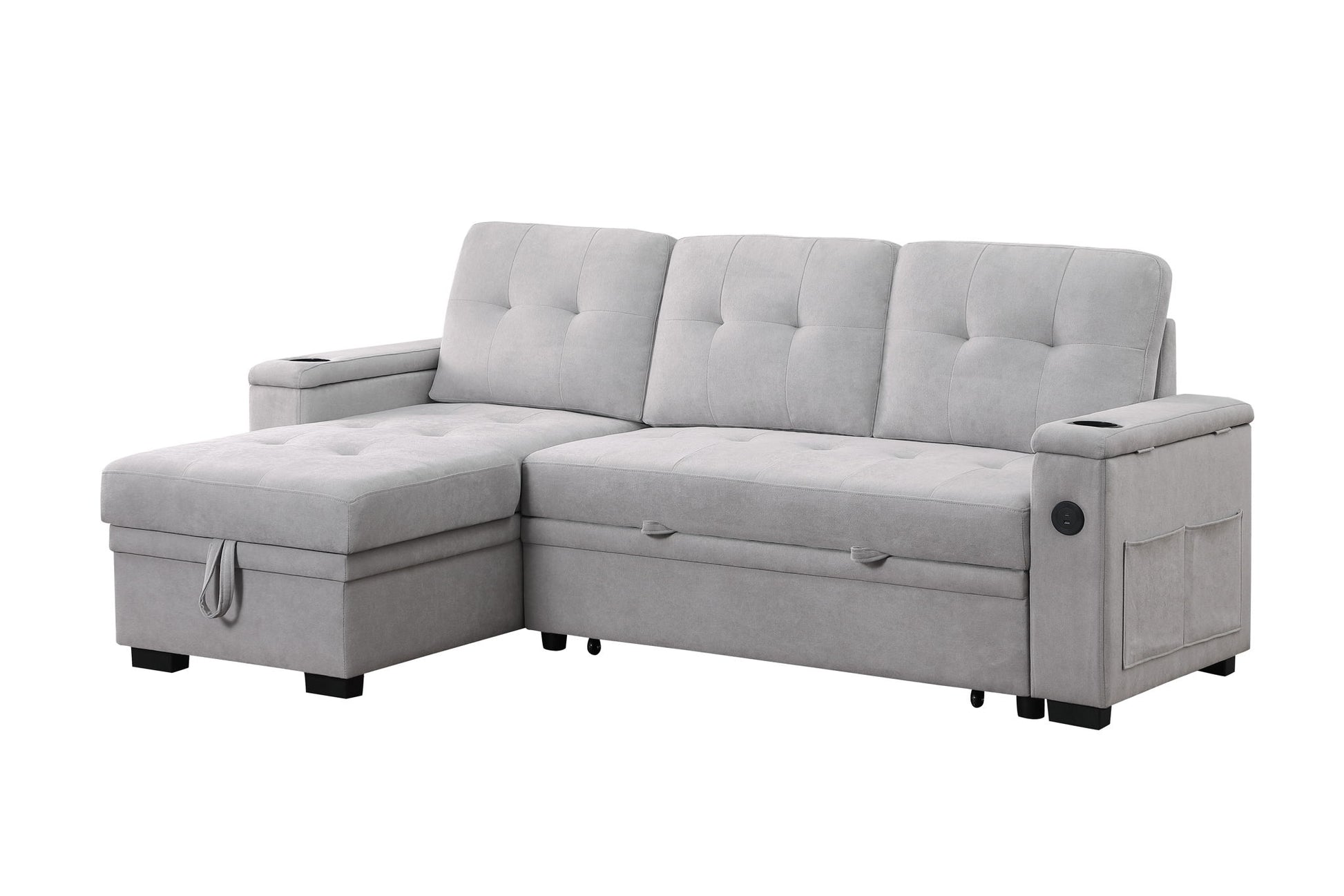 The Ashlyn II 84"W Woven Fabric Reversible Sleeper Sectional Sofa features light gray upholstery, tufted cushions, a reversible storage chaise, built-in cup holders, side pocket, and a pull-out bed.