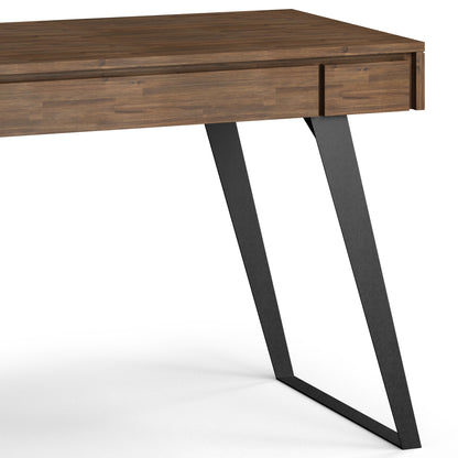 The Lowry - Handcrafted Desk features a modern rectangular wooden top, a slim drawer, and angled black metal legs, displayed against a white background.