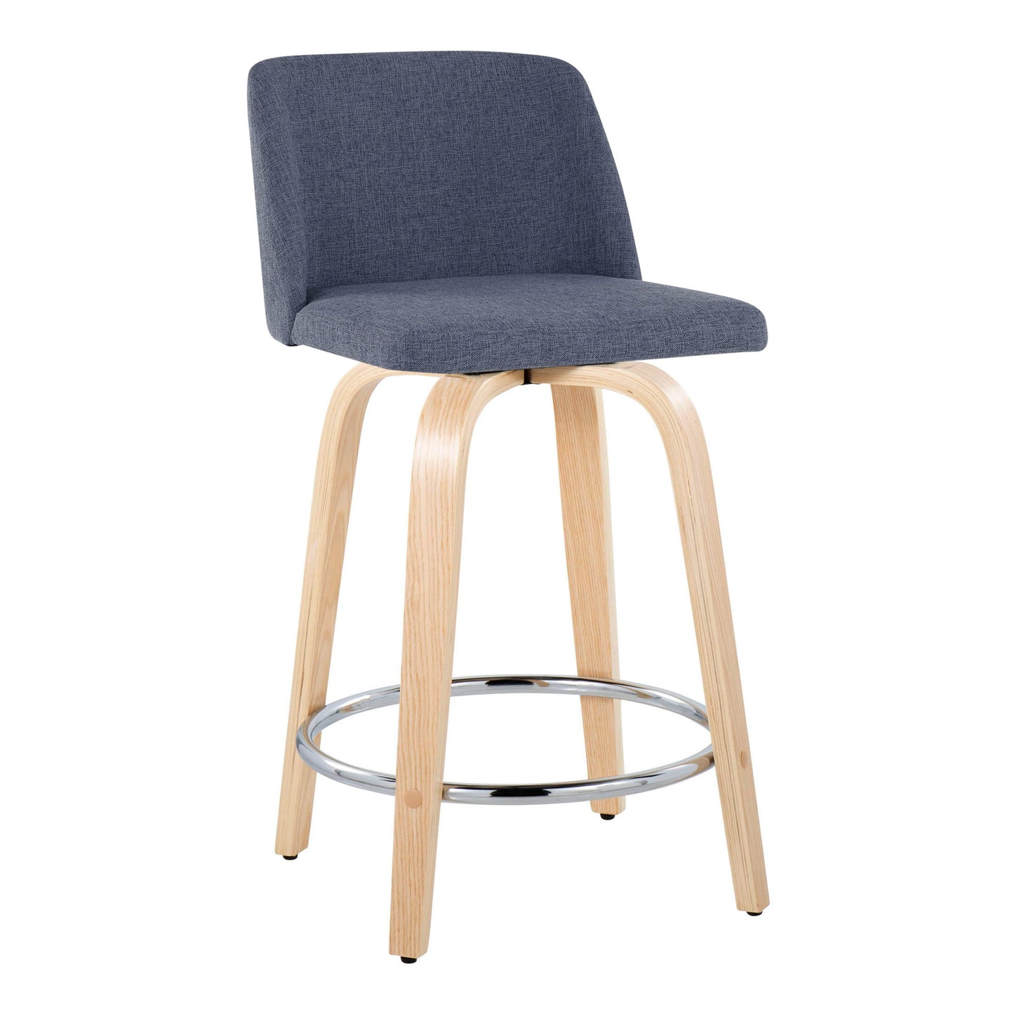 The Toriano Contemporary Fixed Height Counter Stool set features dark blue upholstered seats and backrests, light wood curved legs, and a round chrome footrest for a stylish modern look.