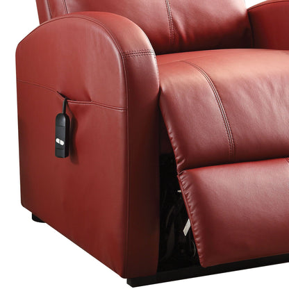A Ricardo – Power Motion Recliner With Lift in red leather, featuring a partially raised footrest and a wired remote stored in a side armrest pocket.