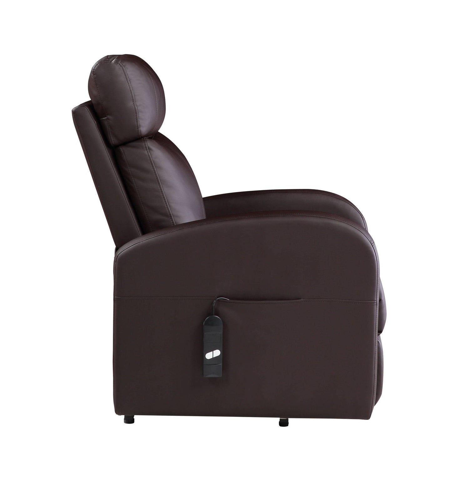 Side view of the Ricardo - Power Motion Recliner With Lift in dark brown leather, featuring cushioned backrest and seat, plus a remote control stored in a side pocket.