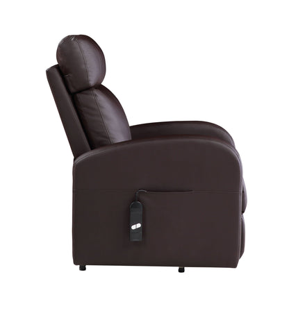 Side view of the Ricardo - Power Motion Recliner With Lift in dark brown leather, featuring cushioned backrest and seat, plus a remote control stored in a side pocket.