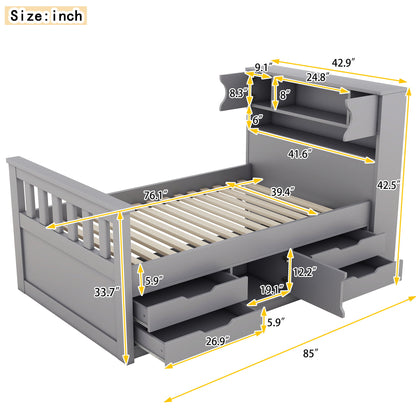 Captain Platform Bed Frame With Storage Bookcases, Shelves, And 4 Drawers