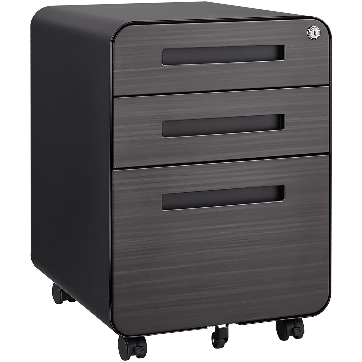 The 3 Drawer Mobile File Cabinet features a simple, modern style, waterproof cold rolled steel, anti-tilting 5-wheel design, and fits under desks to store Legal/Letter/A4 files securely and efficiently.