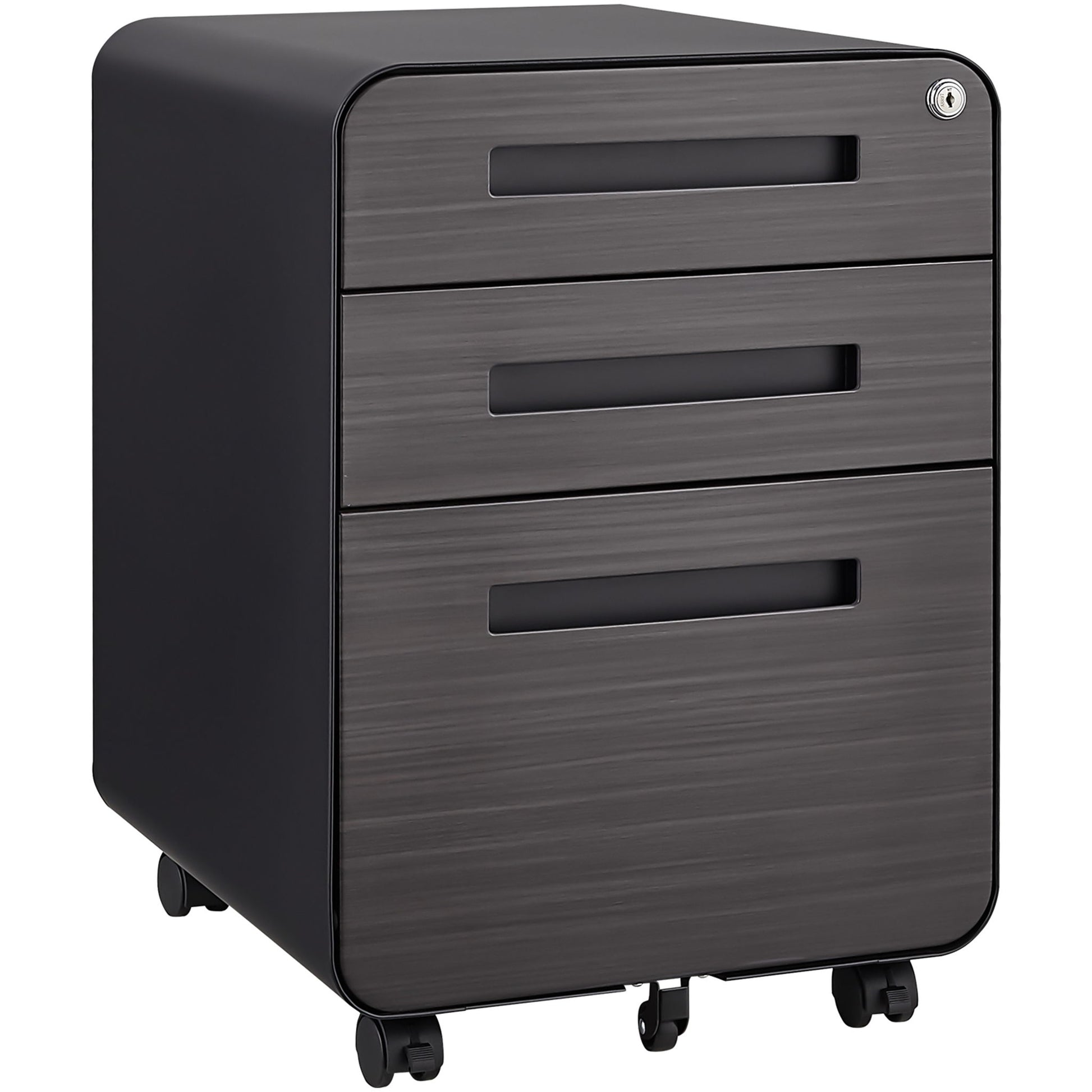 The 3 Drawer Mobile File Cabinet features a simple, modern style, waterproof cold rolled steel, anti-tilting 5-wheel design, and fits under desks to store Legal/Letter/A4 files securely and efficiently.