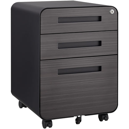 The 3 Drawer Mobile File Cabinet features a simple, modern style, waterproof cold rolled steel, anti-tilting 5-wheel design, and fits under desks to store Legal/Letter/A4 files securely and efficiently.