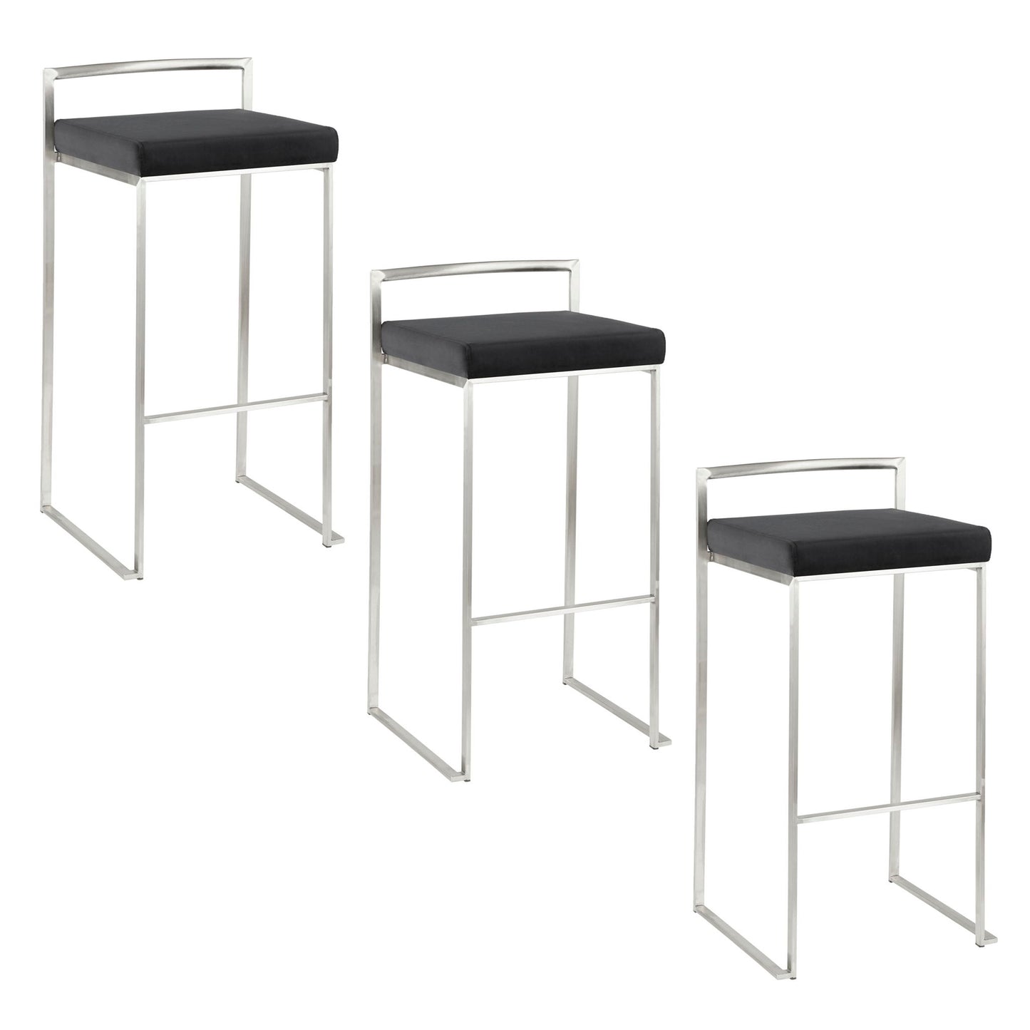 Three Fuji Contemporary Stackable Barstools with metal frames and black rectangular seats are arranged in a descending diagonal line from left to right against a white background.