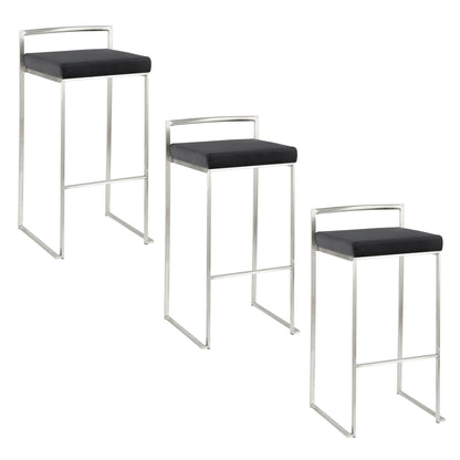 Three Fuji Contemporary Stackable Barstools with metal frames and black rectangular seats are arranged in a descending diagonal line from left to right against a white background.