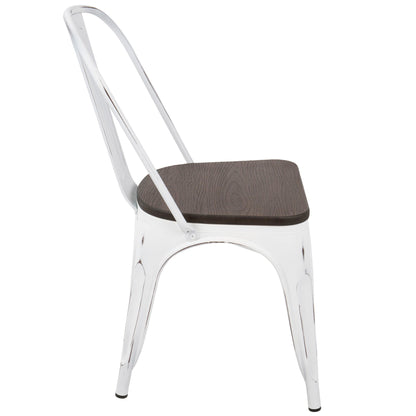 Side view of the Oregon IndustrialFarmhouse Stackable Dining Chair (Set of 2), featuring a white metal frame, dark wooden seat, curved backrest, and a minimalist industrial design.