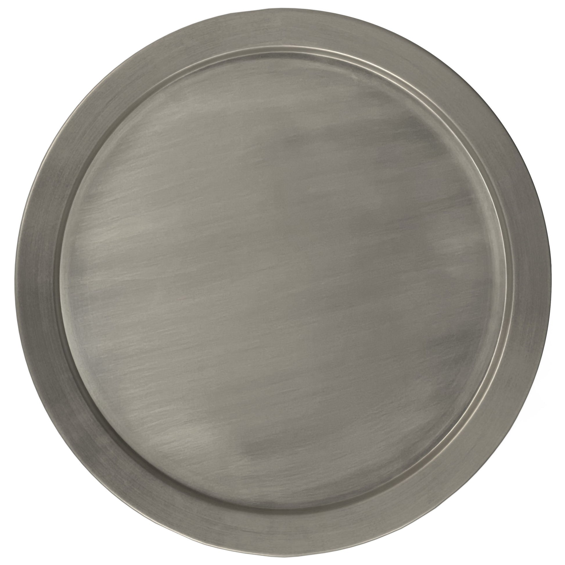 The Corbin Handcrafted Metal Side Table features a plain, round metallic top with a smooth brushed surface and raised rim, shown from above against a white background.
