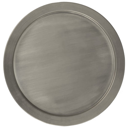 The Corbin Handcrafted Metal Side Table features a plain, round metallic top with a smooth brushed surface and raised rim, shown from above against a white background.