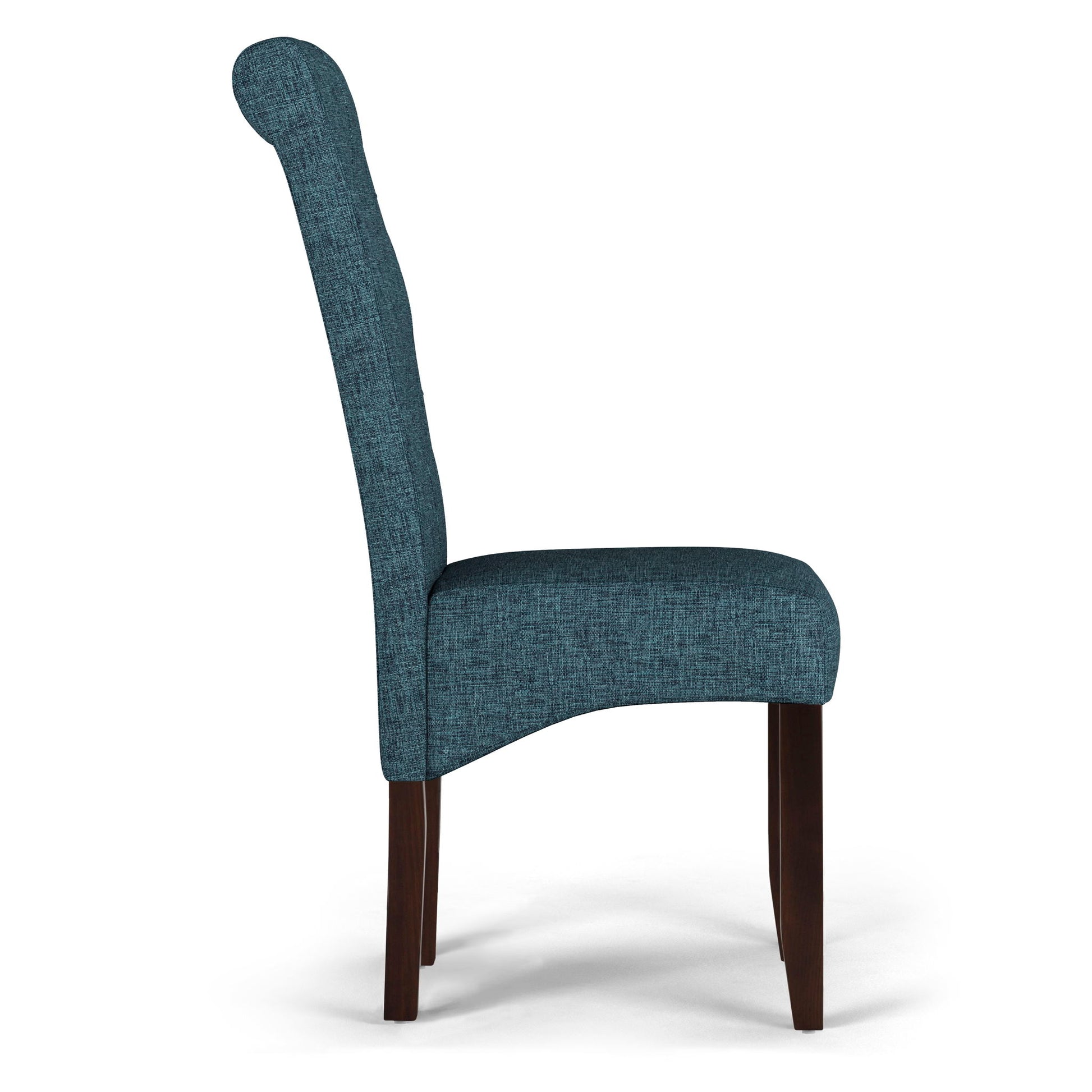 A side view of the Cosmopolitan - Deluxe Tufted Parson Upholstered Chair (Set of 2) showcases its teal upholstery, dark wooden legs, and a slightly curved, high backrest.
