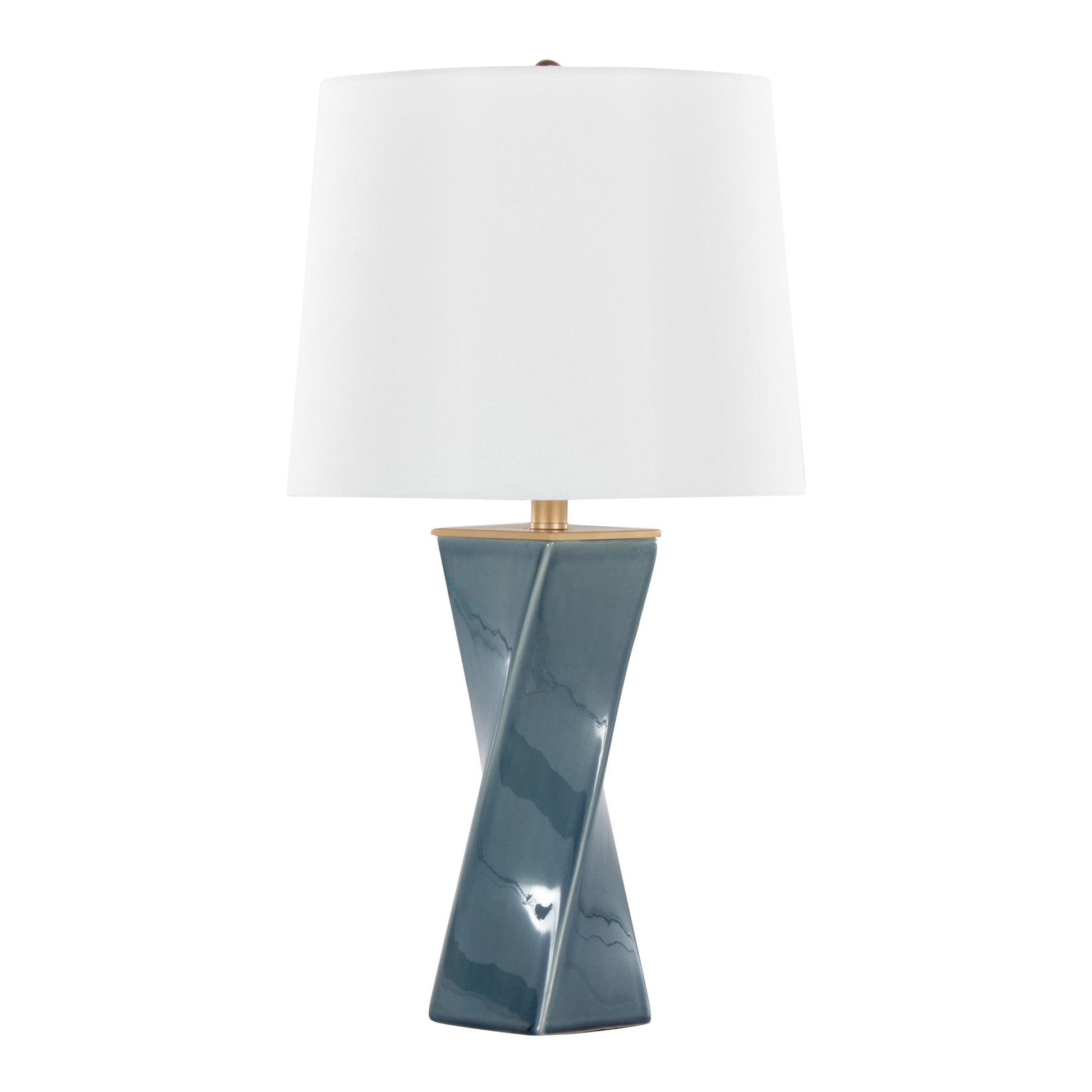 The Curvo - Square Contemporary Table Lamp features a twisted glossy blue ceramic base and a wide white fabric lampshade, shown against a plain white background.