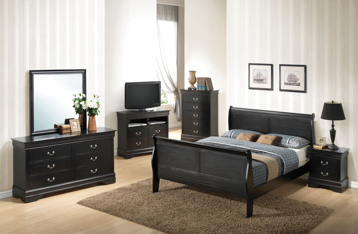 A modern bedroom featuring a Panel Sleigh Bed, black wooden furniture including a dresser with mirror, nightstand, and TV stand. Light walls, framed pictures, a window, and a brown rug under the bed complete the look.