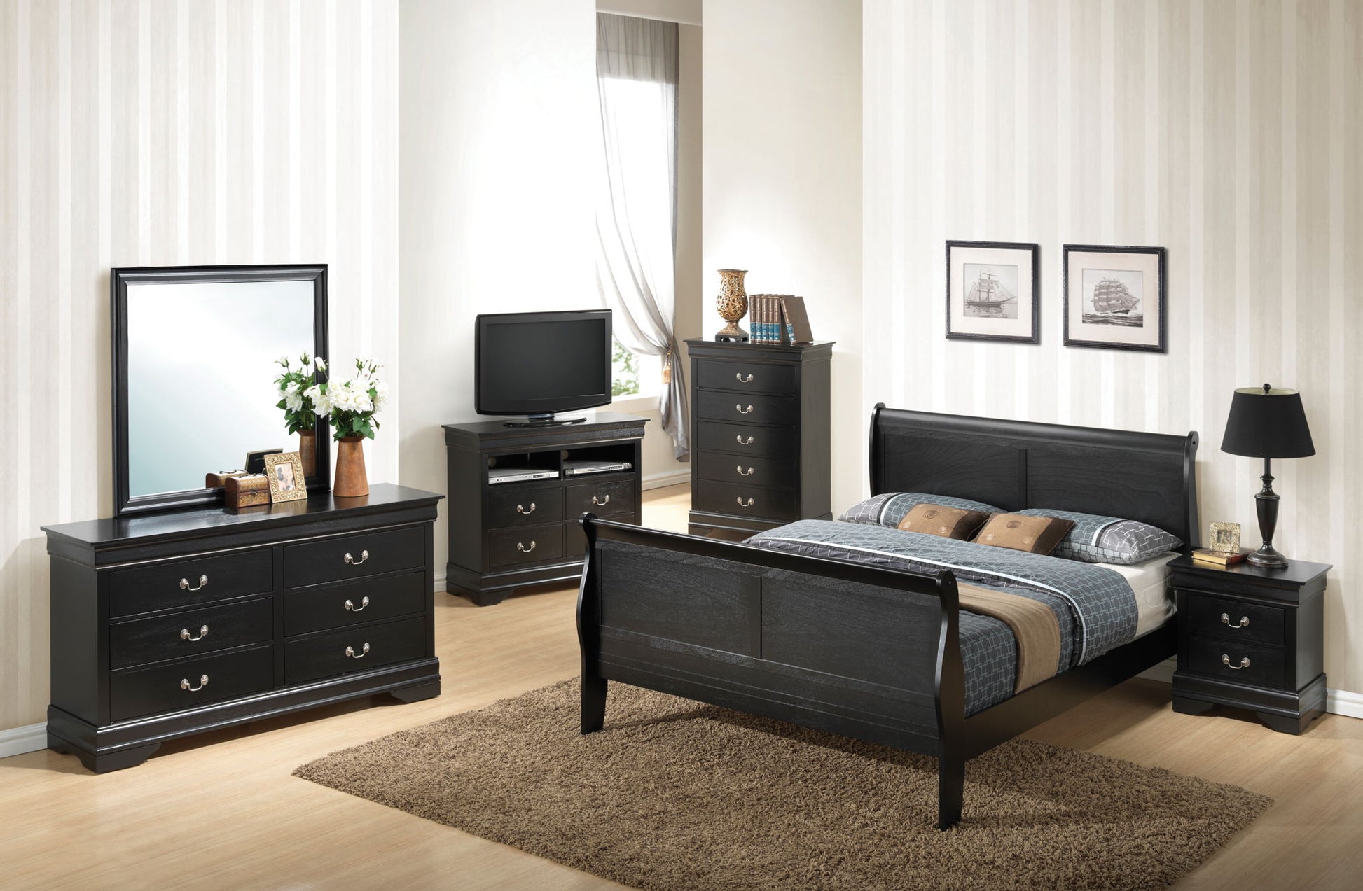 A modern bedroom featuring a Panel Sleigh Bed, black wooden furniture including a dresser with mirror, nightstand, and TV stand. Light walls, framed pictures, a window, and a brown rug under the bed complete the look.