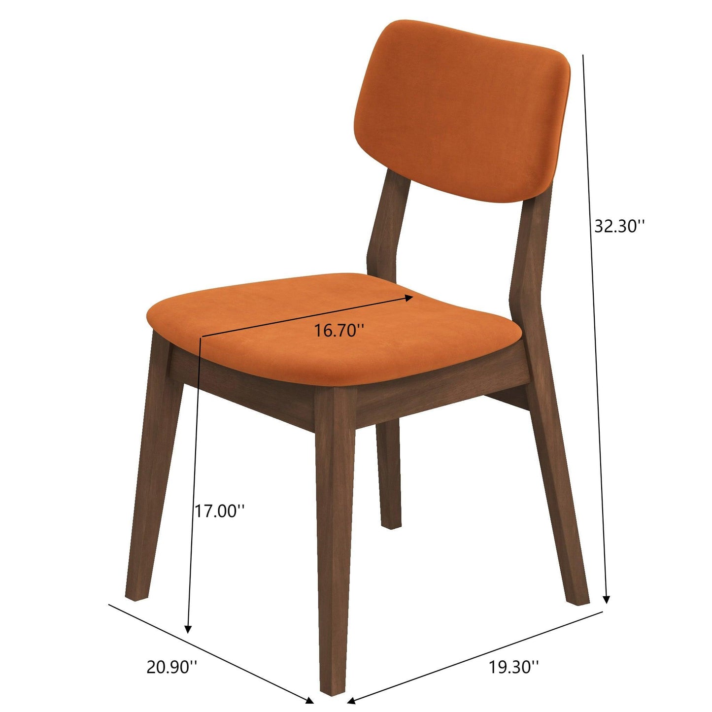 The Carlos Solid Back Side Chair (Set of 2) features mid-century modern design, orange cushioned seat and back, dark wooden legs, and dimensions: seat height 17", back height 32.3", seat depth 16.7", width 19.3", depth 20.9".