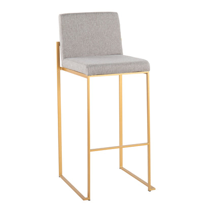 The Fuji - Contemporary Design High Back Barstool (Set of 2) features a gold metal frame, light gray cushioned seat and backrest, minimalist open-leg design, and no armrests for a modern look.
