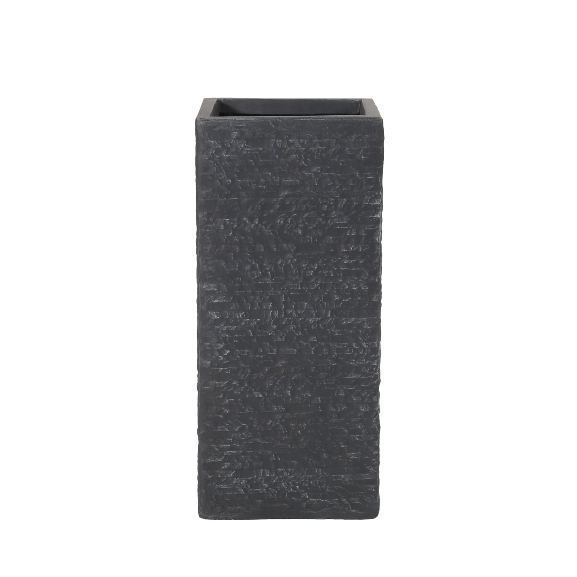The Modern Outdoor Planter is a tall, rectangular black planter with a textured surface and open top, displayed against a white background.