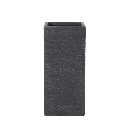 The Modern Outdoor Planter is a tall, rectangular black planter with a textured surface and open top, displayed against a white background.